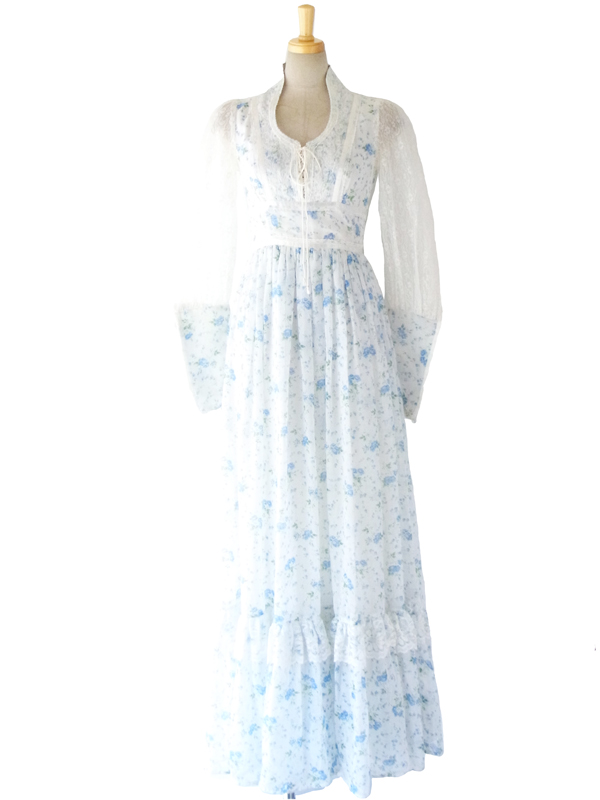 70年代アメリカ製 GUNNE SAX ガニーサックス 水色 ガーリー花柄 ヴィンテージ マキシワンピース 14SP103