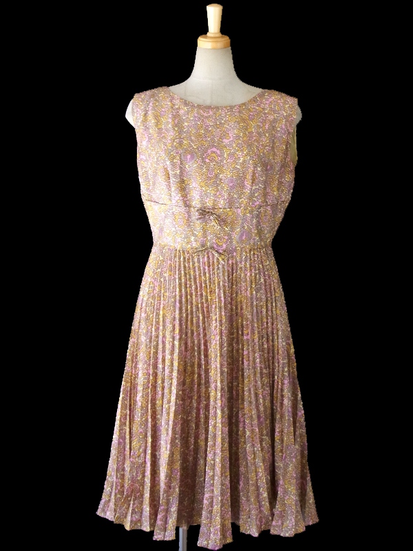 ヨーロッパ古着 ロンドン買い付け 60年代製 イエロー・グレージュ・ピンク 花柄幾何学風プリント ワンピース 15BS229