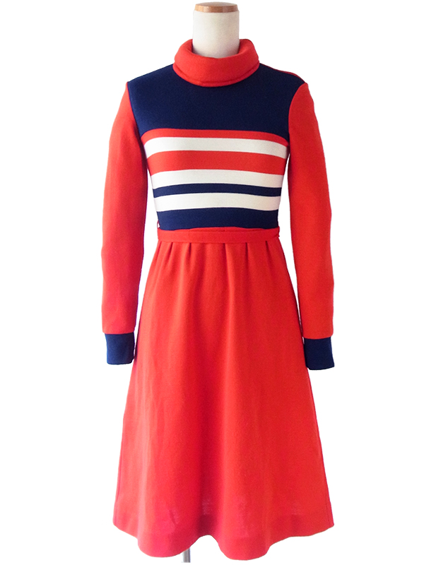 ヨーロッパ古着 ロンドン買い付け 60年代製 トリコロール ロールネック ヴィンテージ ワンピース 15BS401