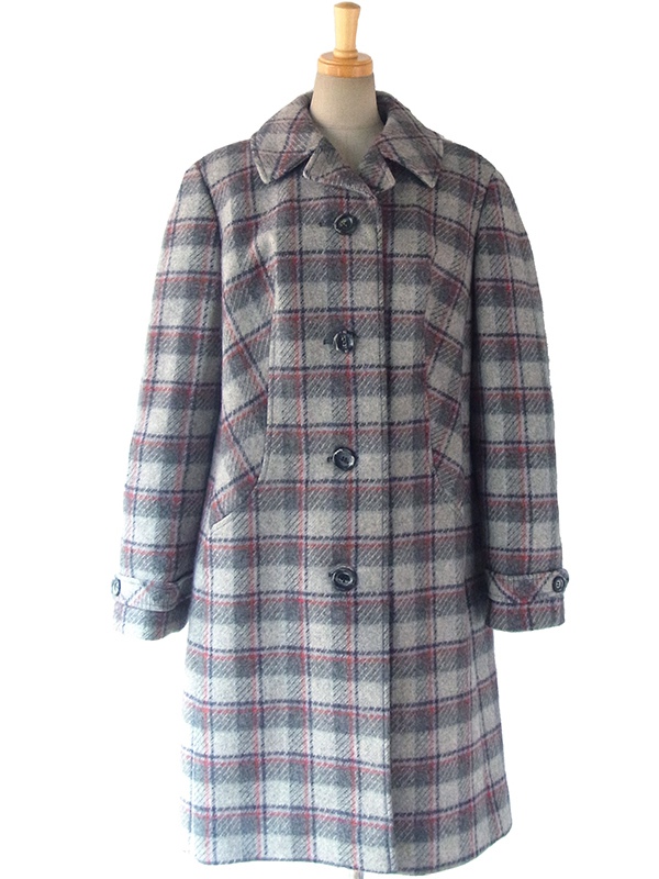 【送料無料】ロンドン買い付け グレイ X ブラック・レッド・水色 チェック柄 ウールツイードコート 15BS432【ヨーロッパ古着】