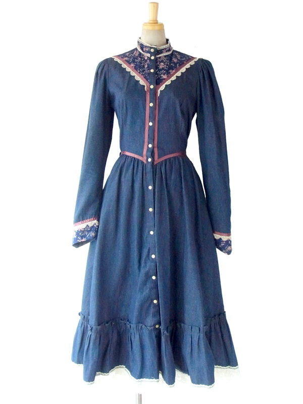 70年代製 GUNNE SAX ブルー X 花柄生地切り替え ヴィンテージ デニムドレス