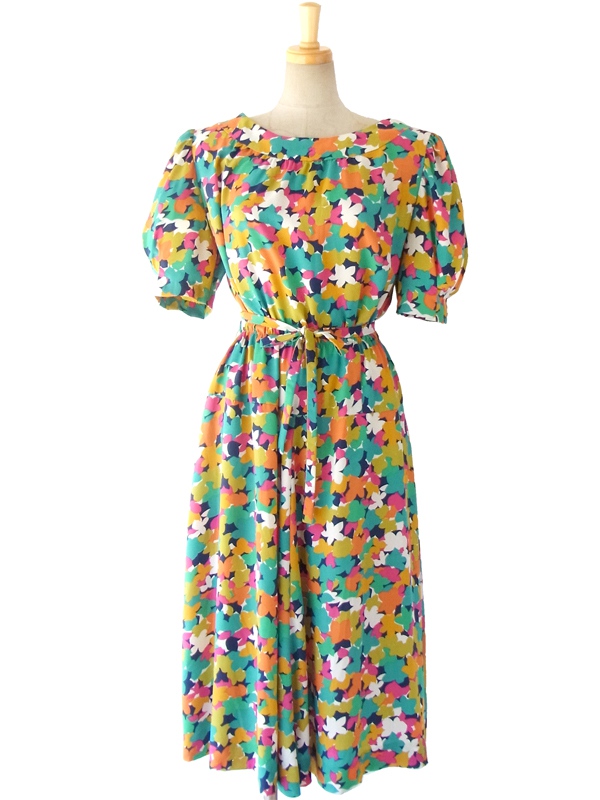 ヨーロッパ古着 フランス買い付け 60年代製 カラフル花柄 パフスリーブ 共布ベルト付き ヴィンテージ ワンピース 15FC206