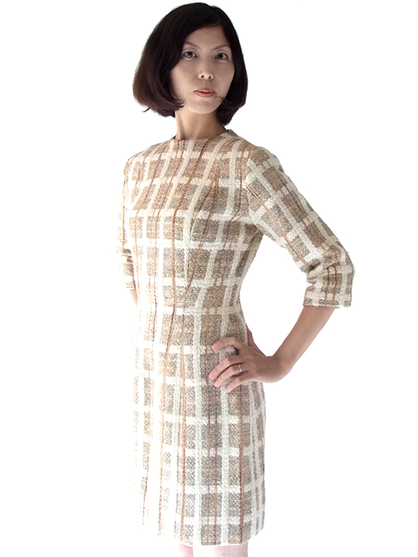 フランス買い付け 60年代製 アイボリーXライトグレイ・ベージュ 七部袖 ウールツイード ワンピース 15FC400