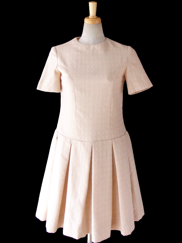 ヨーロッパ古着 フランス買い付け 60年代製 ピンクベージュ X ブロック柄 プリーツスカート ヴィンテージ ワンピース 15FC400