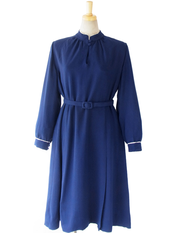 ヨーロッパ古着 ロンドン買い付け 60年代製 深く美しいブルー スタンドカラー X くるみボタン 梨地ウール ワンピース 15OM001