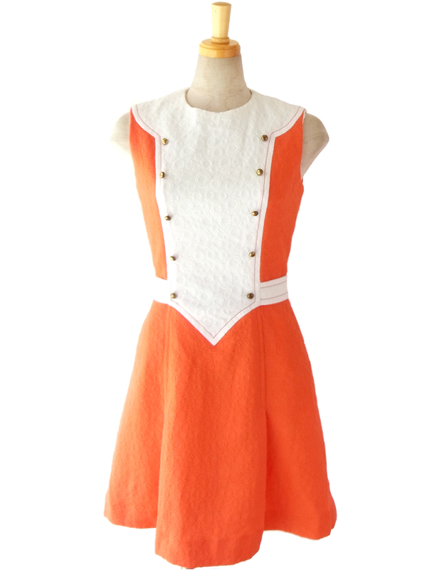 ヨーロッパ古着 ロンドン買い付け 60年代製 オレンジ X ホワイト生地切替 レトロデザイン モッズ ワンピース 15OM103