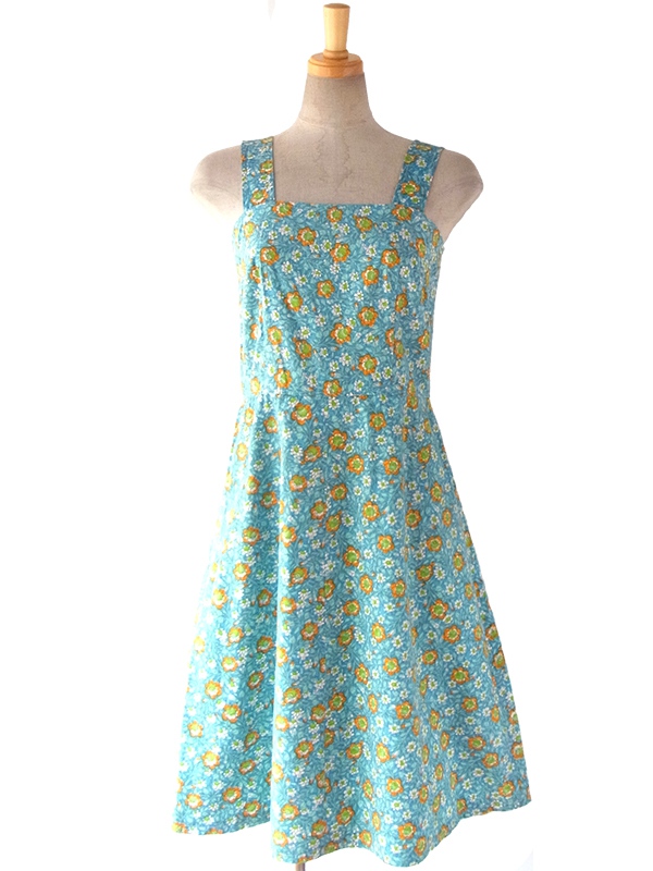 ヨーロッパ古着 ロンドン買い付け 60年代製 水色 X オレンジ・グリーン 花柄 ヴィンテージ ワンピース 16BS025