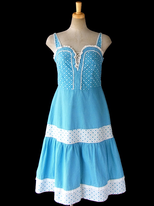 【送料無料】ロンドン買い付け 水色 X ホワイト 水玉・花柄 山道テープ ストラップ ワンピース 16BS208【ヨーロッパ古着】