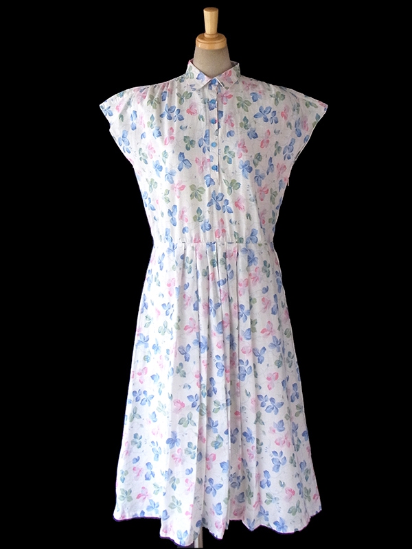 ヨーロッパ古着 ロンドン買い付け 60年代製 ホワイト X 水色・ピンク 花柄 ヴィンテージ ワンピース 16BS210