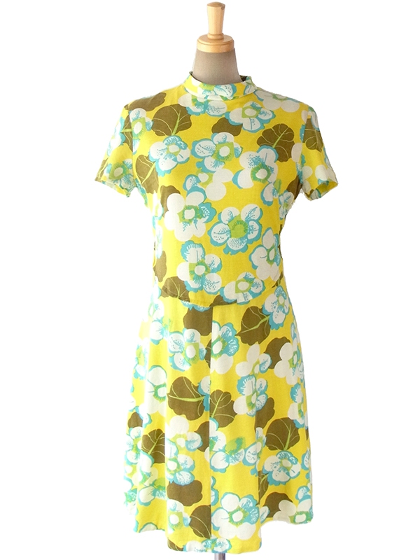 ヨーロッパ古着 ロンドン買い付け 60年代製 イエロー X 水色・緑 花柄プリント レトロ ワンピース 16BS221