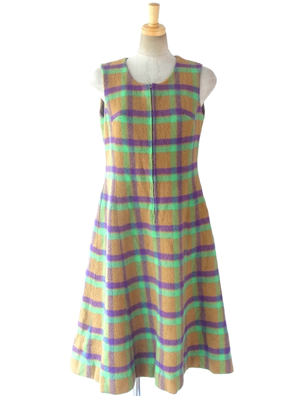 ヨーロッパ古着 ロンドン買い付け 60年代製 カーキ・グリーン・パープル チェック フロントジップ ウール ワンピース 16BS302