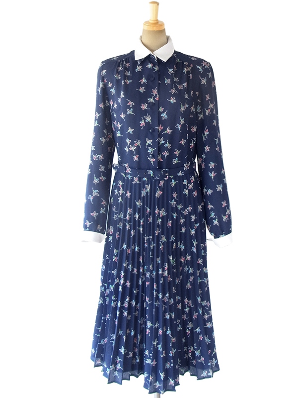 ヨーロッパ古着 ロンドン買い付け ネイビー X 花柄 着脱可能なホワイト襟 共布ベルト付き ワンピース 16BS315 　
