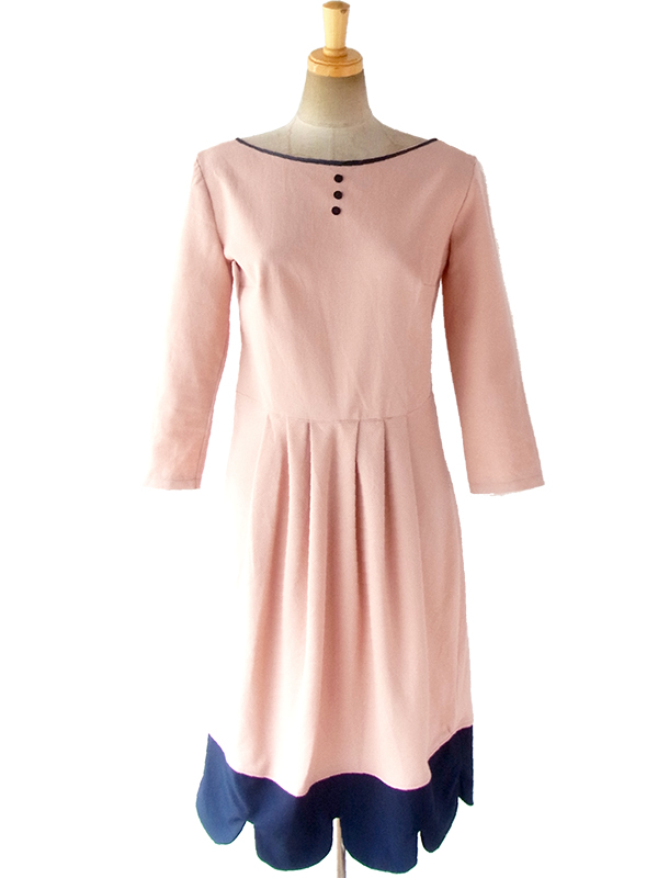 ヨーロッパ古着 ロンドン買い付け ６０年代製 ピンク X ネイビー スカラップデザイン 上品プリーツ ワンピース 16BS409