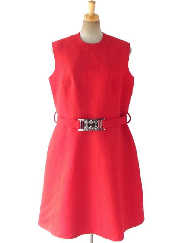 ヨーロッパ古着 ロンドン買い付け 60年代製 レッド X ビッグステッチ ベルト付き ウール ワンピース 16BS411