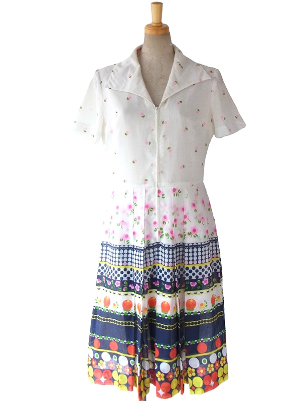 ヨーロッパ古着 フランス買い付け 60年代製 ガーゼ生地 ホワイト X カラフル花柄プリント フロントジップ レトロ ワンピース 16FC007