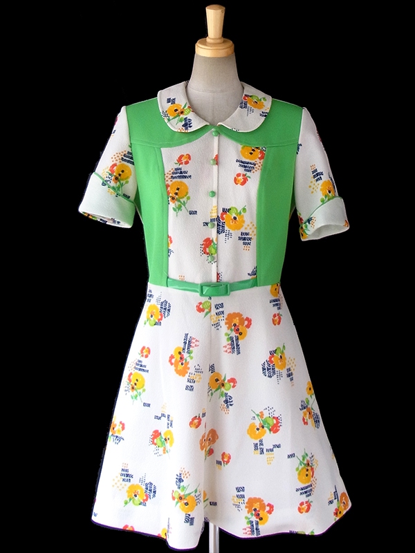 ヨーロッパ古着 フランス買い付け 60年代製 クリーム X ライムグリーン 生地切り返し 花柄プリント ベルト付き ワンピース 16FC200