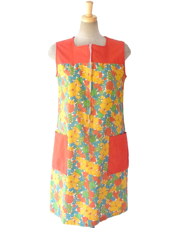 ヨーロッパ古着 フランス買い付け 60年代製 レッド X カラフル花柄 フロントジップ レトロ ワンピース 16FC204