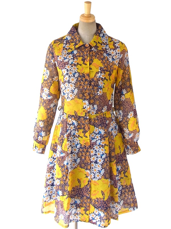 ヨーロッパ古着 フランス買い付け 60年代製 ネイビー X イエローを基調とした花柄 ヴィンテージ ワンピース 16FC310