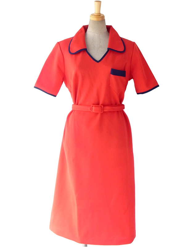 ヨーロッパ古着 ロンドン買い付け 60年代製 レッド X ネイビー 縁取り 共布ベルト付き レトロ ワンピース 16OM304