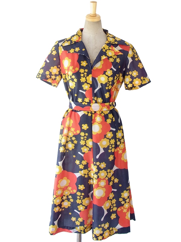 ヨーロッパ古着 ロンドン買い付け 60年代製 ネイビー X カラフルなレトロ花柄 共布ベルト付き ワンピース 16OM405