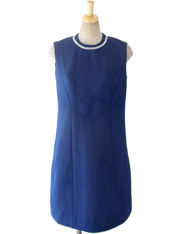 ヨーロッパ古着 ロンドン買い付け ロイヤルブルー X ラインストーン飾り ダイヤ型ステッチ ヴィンテージ ワンピース 16OM407