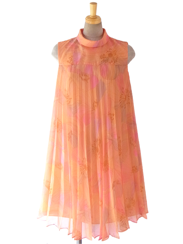 ヨーロッパ古着 ロンドン買い付け 60年代製 アプリコットオレンジ X 繊細な花柄プリント プリーツ ワンピース 16OM408