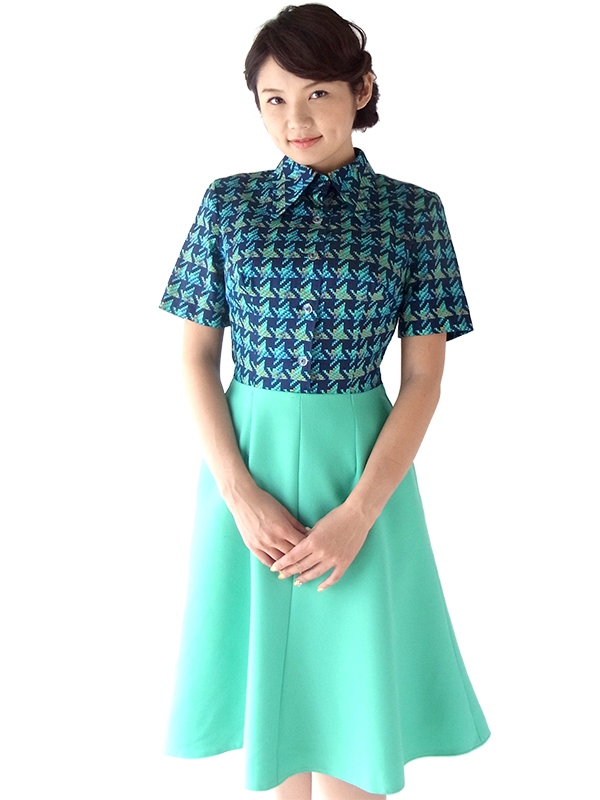 ロンドン買い付け 60年代製 ブルー レトロ柄 X ミントグリーン スカート 切り返し ワンピース 16OM700