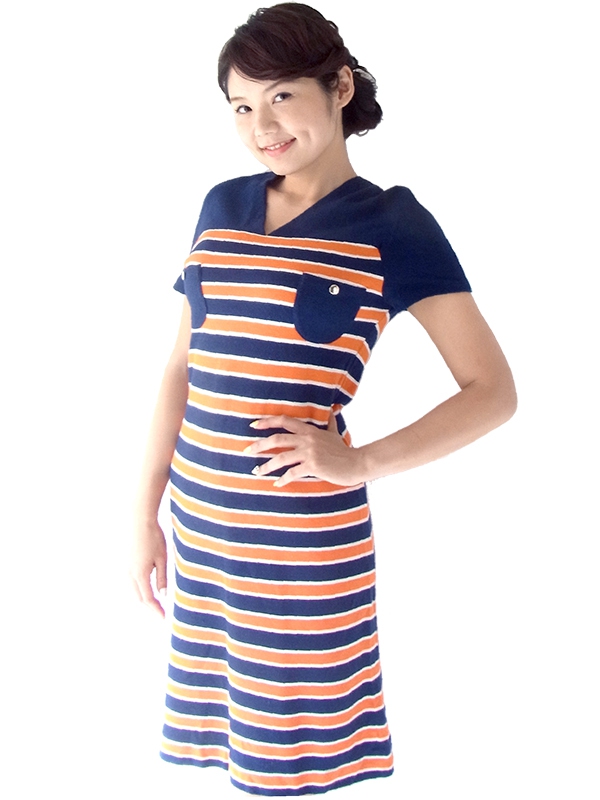 ロンドン買い付け 60年代製 ネイビー X オレンジ・ホワイト ボーダー ウール ワンピース 16OM820