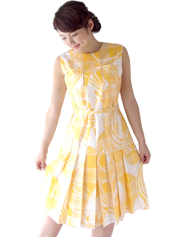 ロンドン買い付け イエロー X ホワイト チェック・レトロ柄 共布ベルト付き プリーツ ワンピース 16OM821