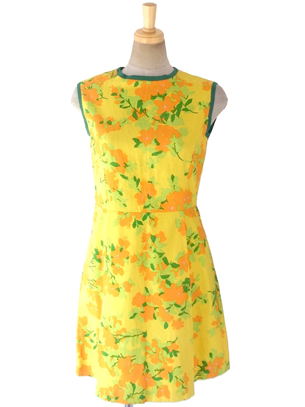 ヨーロッパ古着 フランス買い付け 60年代製 イエロ X オレンジ・グリーン 花柄 パイピング ヴィンテージ プリーツ ワンピース 17CC001