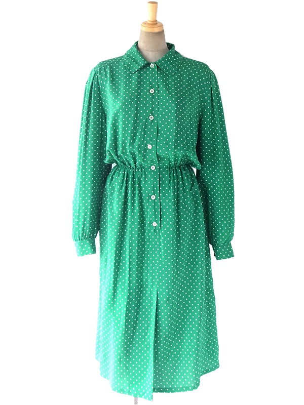 ヨーロッパ古着 ロンドン買い付け 60年代製 光沢のあるグリーン X ホワイト 水玉 ヴィンテージ シルク ワンピース 17FC109