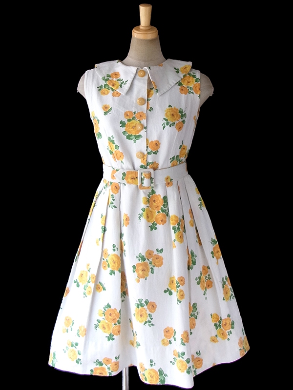 ヨーロッパ古着 ロンドン買い付け 60年代製 ホワイト X イエロー 薔薇プリント 共布ベルト付き ヴィンテージ ワンピース 17FC306