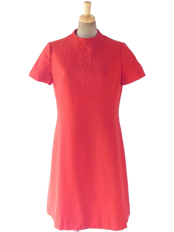 ヨーロッパ古着 60年代フランス製 レッド X ステッチデザイン モックネック  ウール ワンピース 17FC411