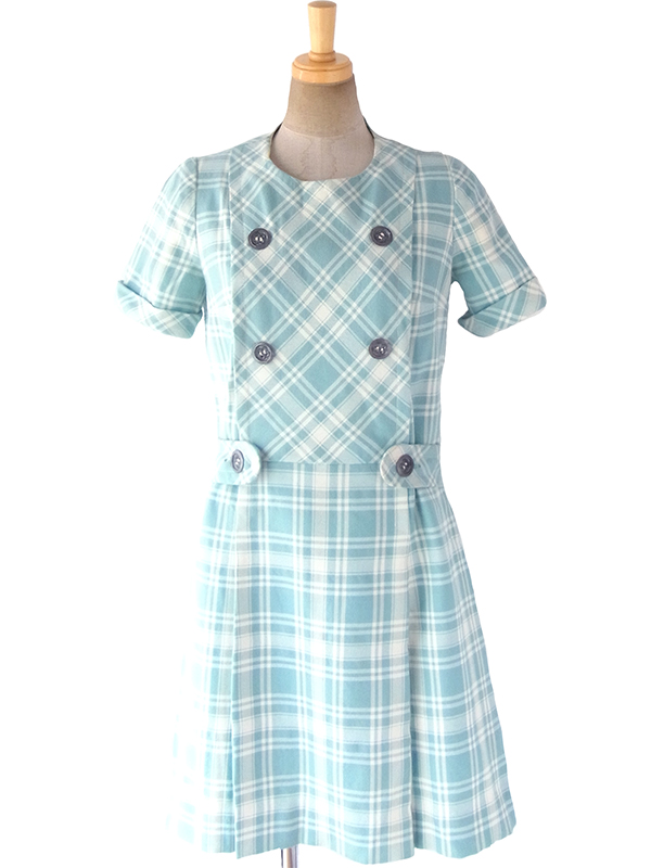 【送料無料】フランス買い付け 60年代製 水色 X ホワイト チェック柄 ベルト風デザイン ウール ワンピース 17FC414【ヨーロッパ古着】