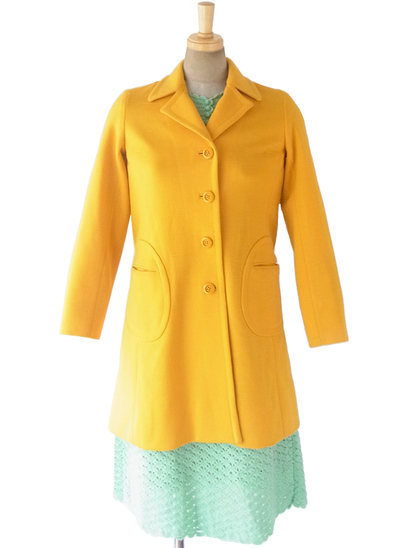 ヨーロッパ古着 60年代フランス製 イエロー X 可愛いポケット ヴィンテージ ウールコート 17FC422