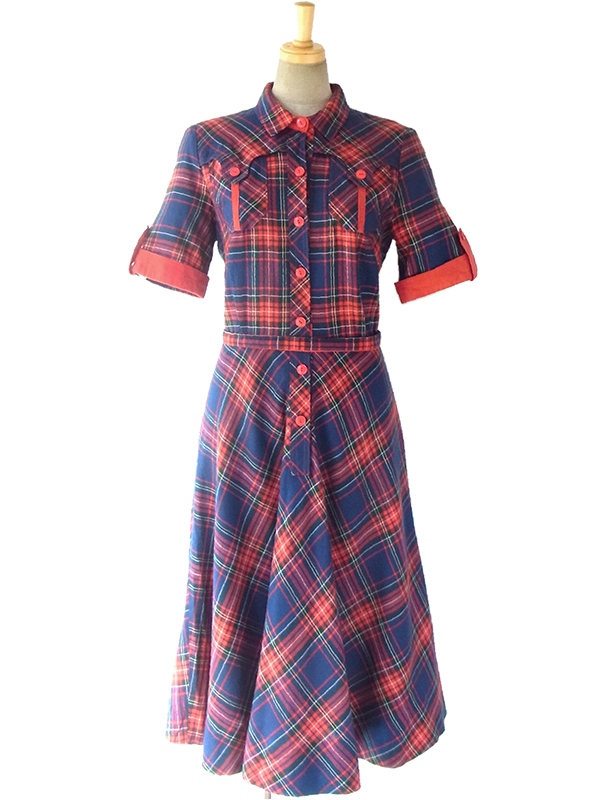 ヨーロッパ古着 ロンドン買い付け 70年代製 レッド・ブルー・グリーンのタータンチェック X 共布ベルト付き ワンピース 17OM126