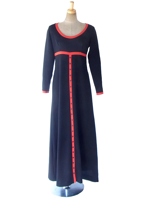 ヨーロッパ古着 ロンドン買い付け 70年代製 ブラック X レッド ライニング ヴィンテージ マキシ ワンピース 17OM641