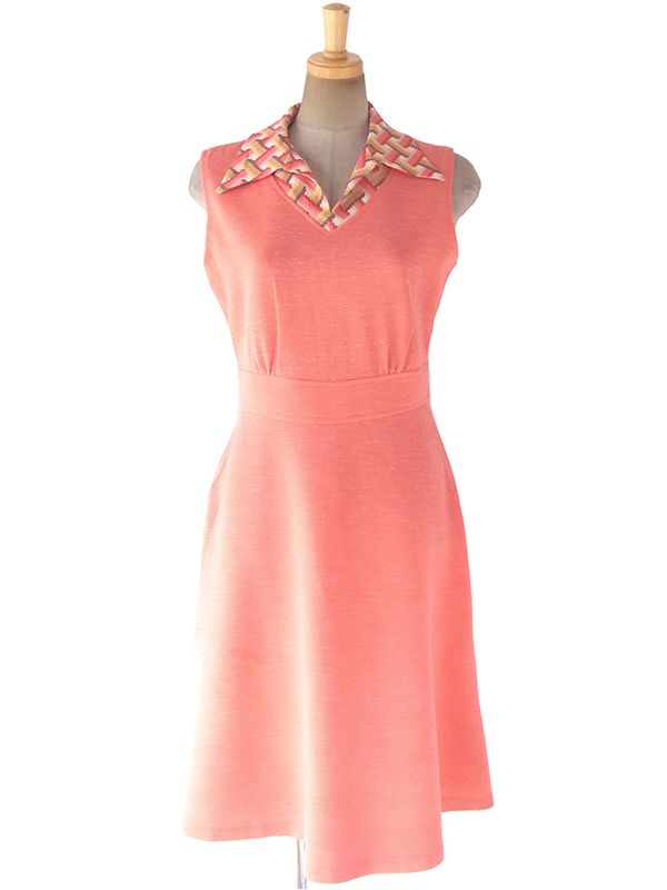 ヨーロッパ古着 ロンドン買い付け 70年代製 アプリコットピンク X レトロ柄襟 切り返し シンチウェスト ワンピース 17OM800