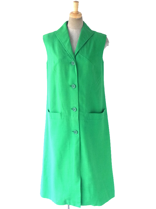 ヨーロッパ古着 フランス買い付け 60年代製 美しいグリーン X シームデザイン ポケット付き ヴィンテージ ワンピース 18FC116