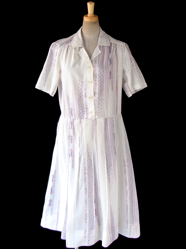 ヨーロッパ古着 60年代フランス製 オフホワイト X レトロプリント ガーゼのような繊細な生地 ワンピース 18FC118