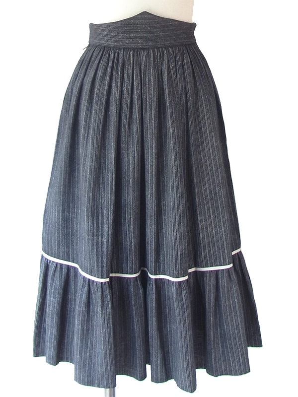 フランス買い付け 60年代製 ブラック X グラファイト ストライプ ヴィンテージ ギャザー スカート 18FC319
