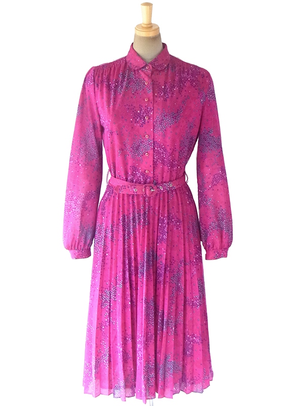 ヨーロッパ古着 フランス買い付け 70年代製 マゼンダピンク X カラフル レトロ柄 共布ベルト付き プリーツ ワンピース 18FC420