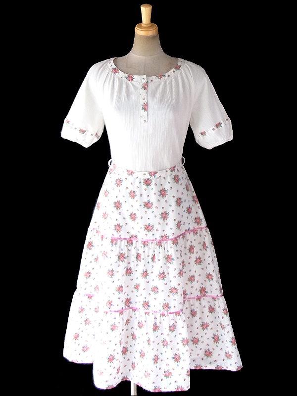 ヨーロッパ古着 ロンドン買い付け 60年代製 ホワイト X カラフル花柄 生地切り返し ピンク テープ ティアード ワンピース 19BS020