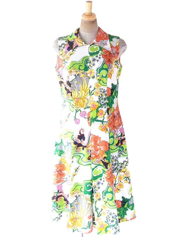 ヨーロッパ古着 ロンドン買い付け 70年代製 ホワイト X カラフル花柄 ヴィンテージ ワンピース 19BS127