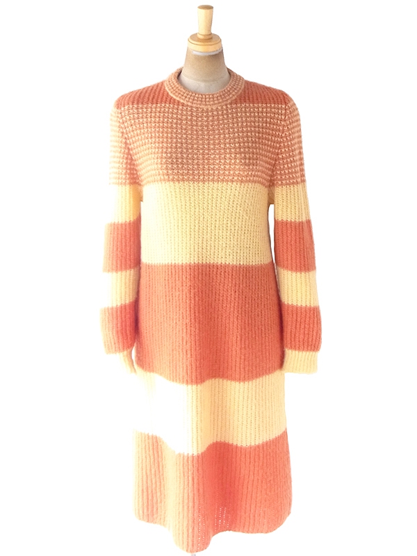 ヨーロッパ古着 フランス買い付け 60年代製 オレンジ X イエロー ボーダー ウール ニット ワンピース 19FC500