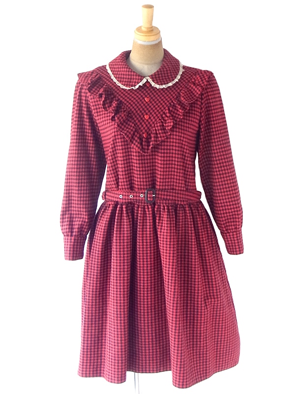 ヨーロッパ古着 ロンドン買い付け 60年代製 レッド X ブラック チェック柄 レース・フリル装飾 共布ベルト付き ワンピース 20BS215