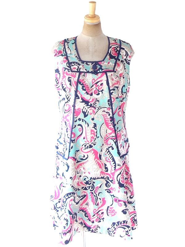ヨーロッパ古着 フランス買い付け 60年代製 カラフル レトロ柄 X ブルー ライニング Aライン ワンピース 20FC001