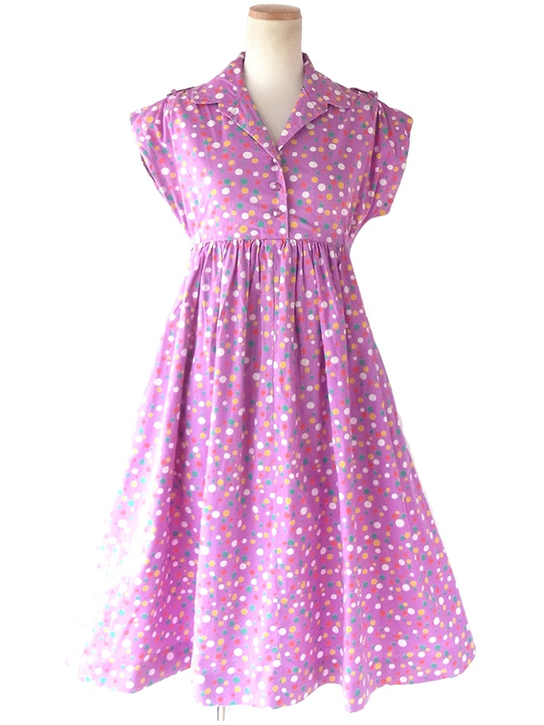 ヨーロッパ古着 フランス買い付け 60年代製 パープル X カラフル 水玉 固定共布ベルト付き ワンピース 20FC015