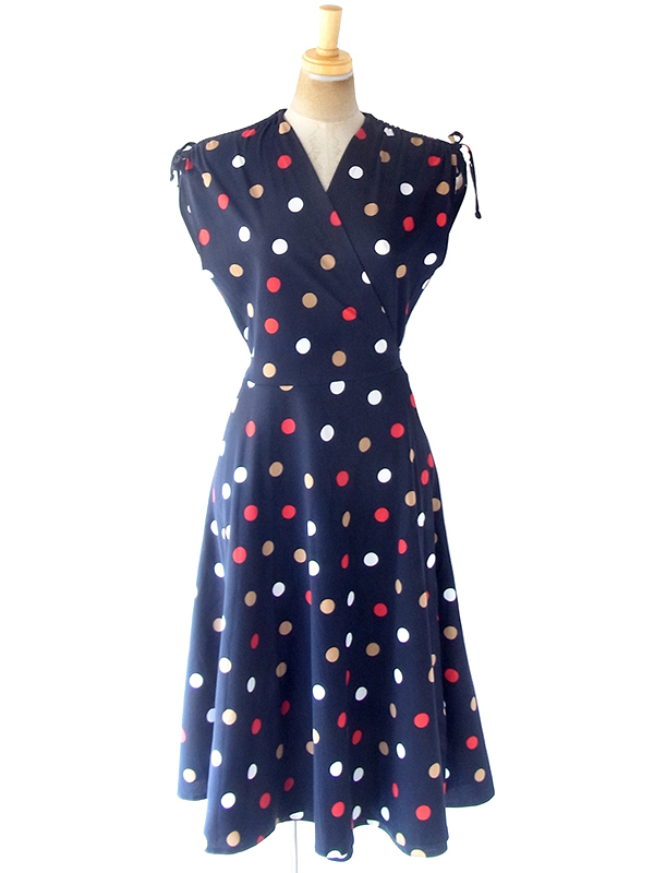【ヨーロッパ古着】フランス買い付け 70年代製 ネイビー X レッド・ホワイト・ゴールド 水玉 巻きワンピース 20FC017【おとなかわいい】