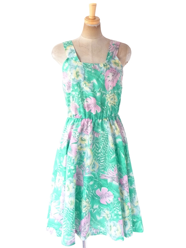 ヨーロッパ古着 フランス買い付け 60年代製 エメラルドグリーン X 花柄プリント ヴィンテージ ストラップ ワンピース 20FC106